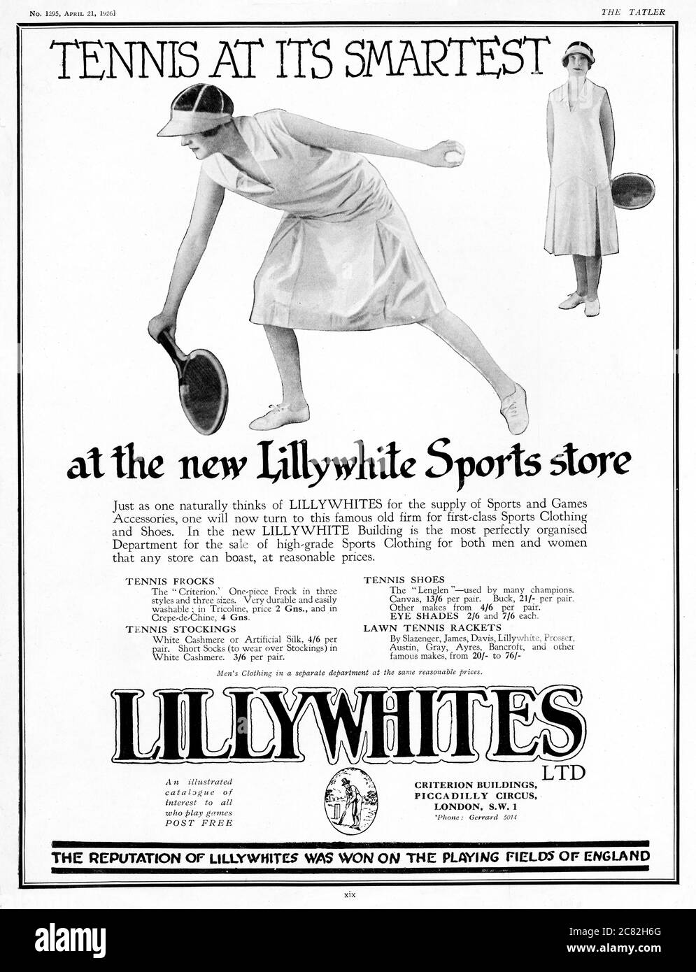 Lillywhites Tennis, 1926 Zeitschriftenwerbung für den Flaggschiff-Sportbekleidung und -Ausrüstung-Store im West End von London Stockfoto