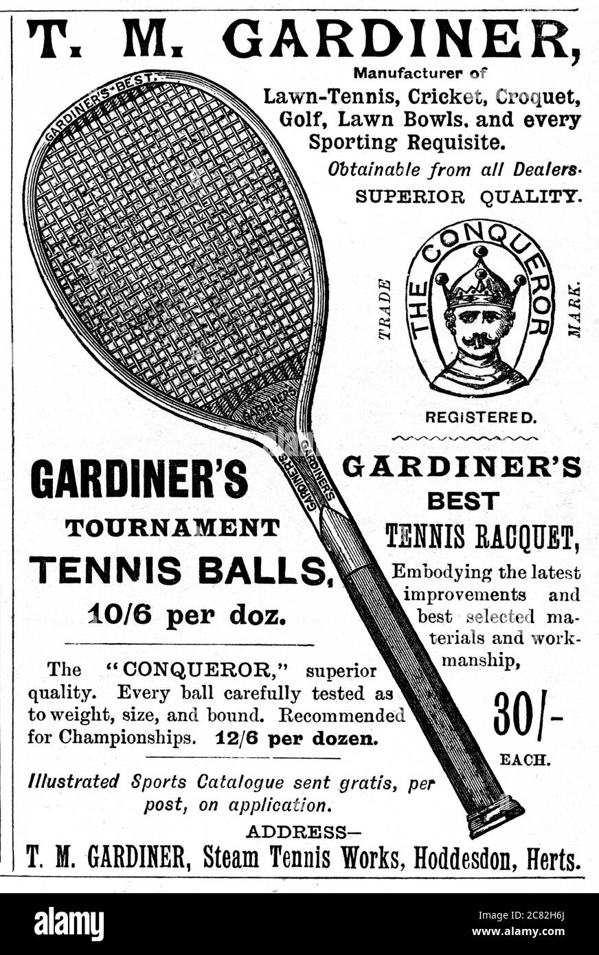 Gardiner Tennis, 1894 Zeitschriftenwerbung für den Sportausrüster aus Hertfordshire, Hersteller von Conqueror Tennisbällen Stockfoto
