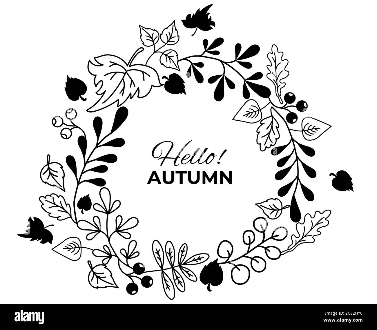 Vektor Herbst Kranz mit fallenden Blättern, Beeren. Runder Rahmen aus handgezeichneten botanischen Elementen. Kontur und Silhouette. Isoliert auf einem weißen mit Stock Vektor