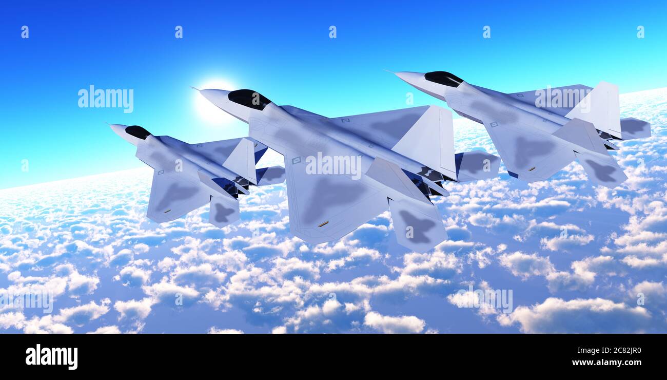 Drei F-22-Kampfflugzeuge mit überschalligen Zwillingsmotoren fahren auf ihrer Mission über die Wolkenschicht. Stockfoto