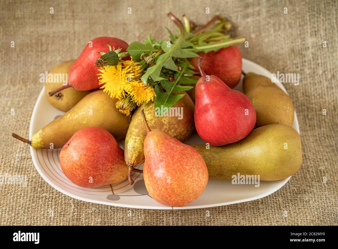 Frische rote und grüne Birnen auf einem Teller auf Etuich, Löwenzahn auf dem Dach, natürlicher Fruchthintergrund, Konzept für gesunde Ernährung Stockfoto