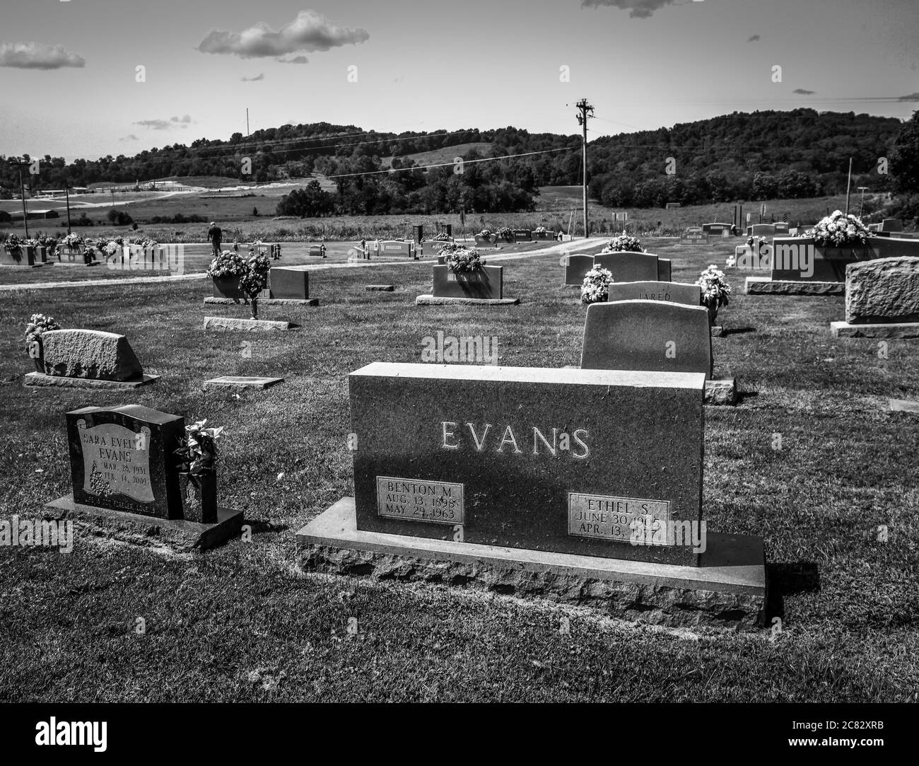Der Green Grove Friedhof, gegründet 1854, im ländlichen Macon County, in der Nähe von Hartsville, TN, mit einer Reihe von Grabsteinen in schwarz und weiß Stockfoto