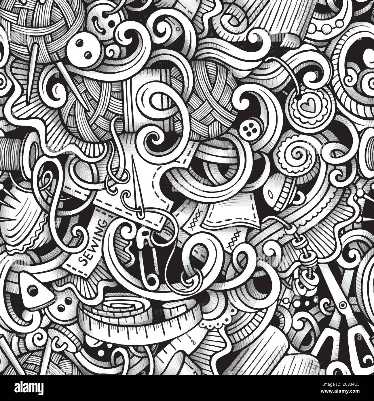 Cartoon handgezeichnete Kritzeleien von Hand gemacht, Nähen nahtlose Muster Stock Vektor