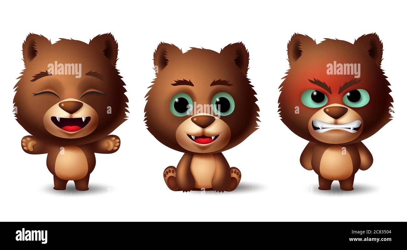 Bear braune Tiere Charakter Vektor-Set. Grizzly trägt Tierkinder Charaktere in sitzenden und stehenden Pose und Gesten mit verschiedenen. Stock Vektor
