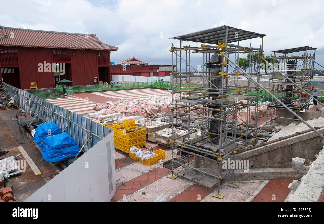 Shuri Castle , Naha City, Okinawa 15 July 2020 nach dem Brand von 2019, der das Hauptgebäude von Seiden zerstörte. Stockfoto