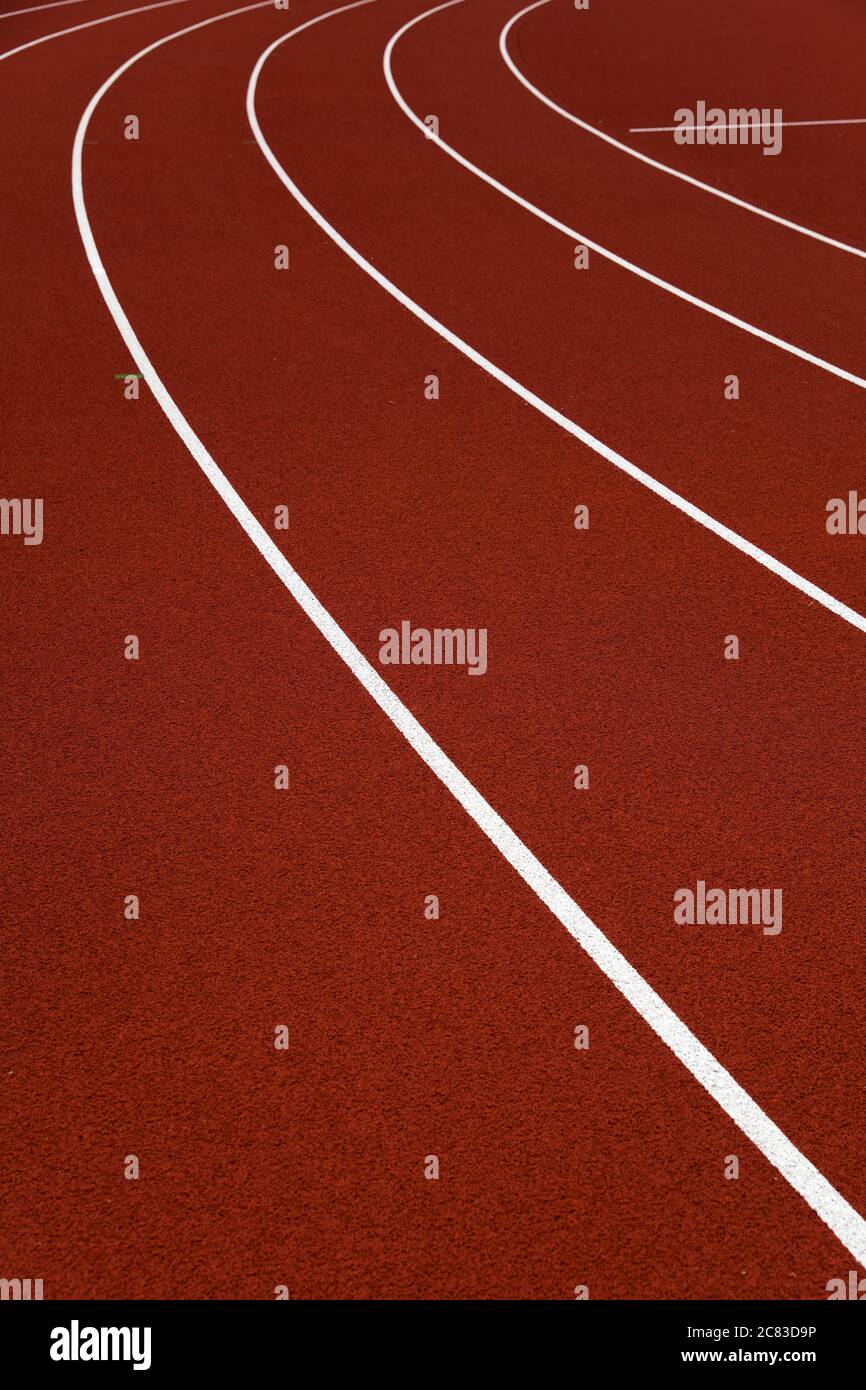 Nahaufnahme der roten Stadion-Laufstrecken Stockfoto