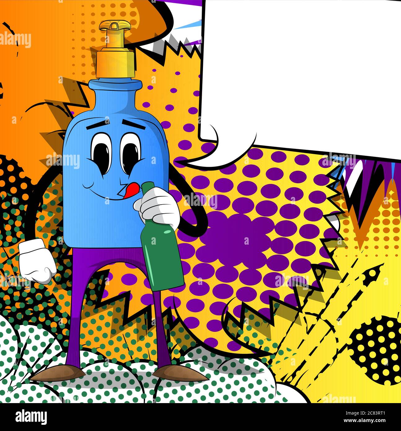 Flasche Handdesinfektionsgel mit Gesicht, das eine Flasche hält. Flüssigseife für Hygiene, Virenschutz. Vektorgrafik Cartoon-Illustration. Stock Vektor