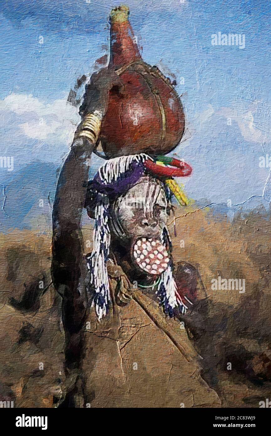 Malerei Illustration einer Frau aus dem afrikanischen Stamm mit einem großen Lippenstift Posen für ein Porträt Stockfoto