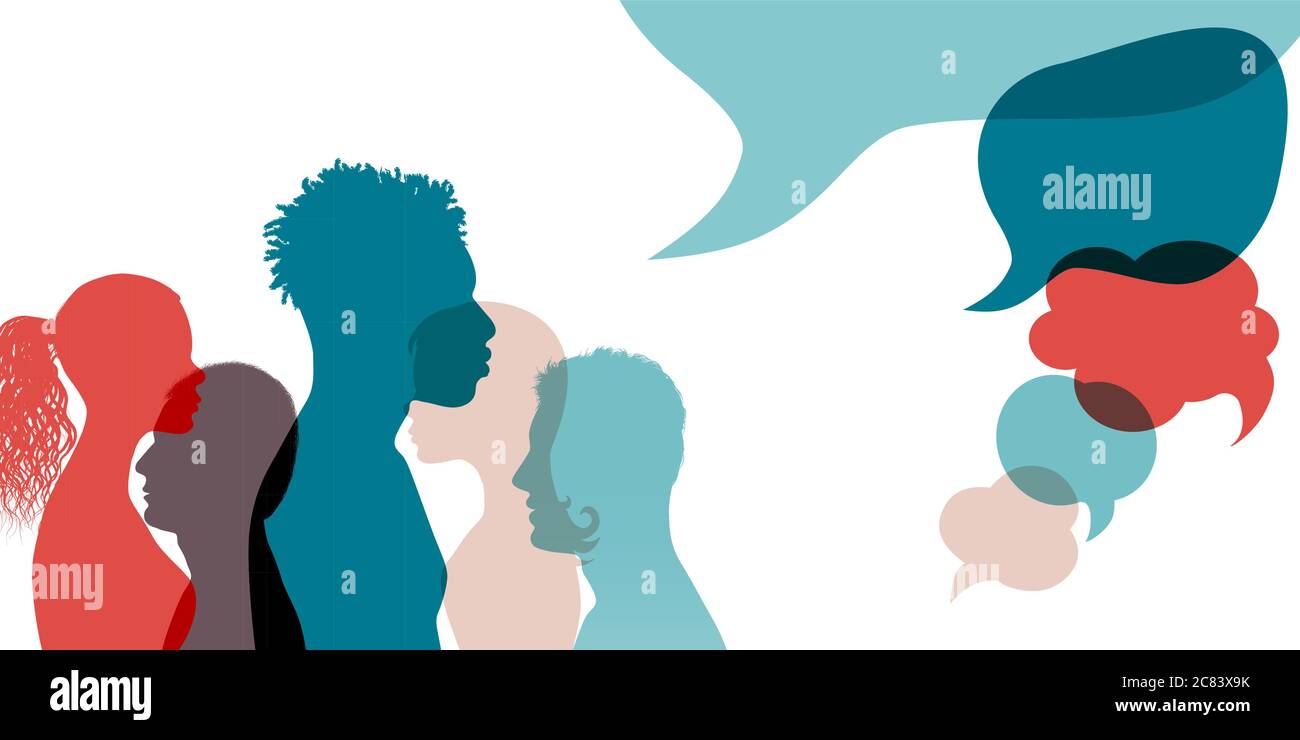 Silhouette Köpfe stellen sich internationalen Menschen in Profil reden und kommunizieren. Sprechblase. Kommunikation. Kommunizieren Sie Informationen zum Austausch von Ideen Stock Vektor