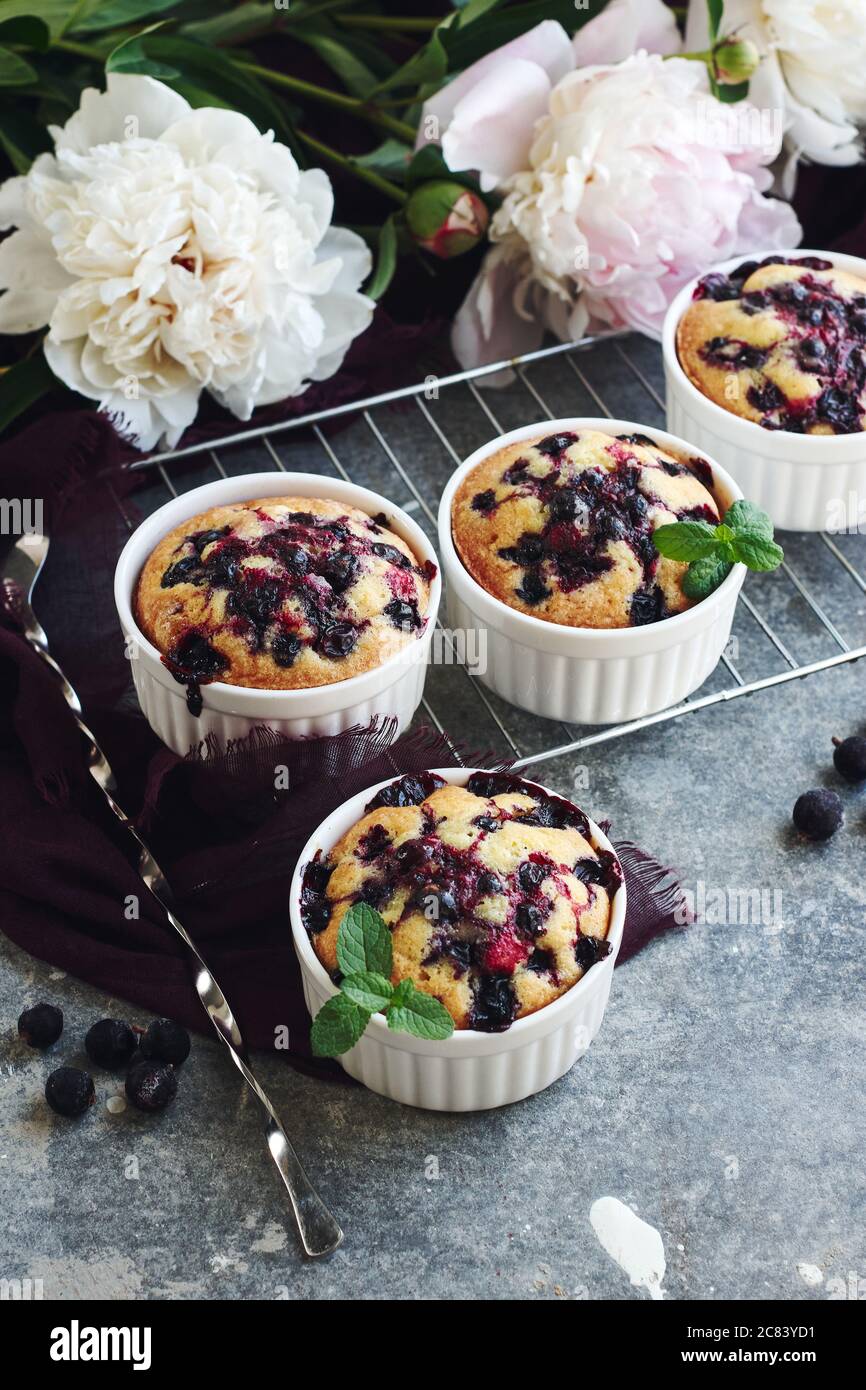 Johannisbeeren Mini-Kuchen in Keramik-Backgeschirr. Stockfoto