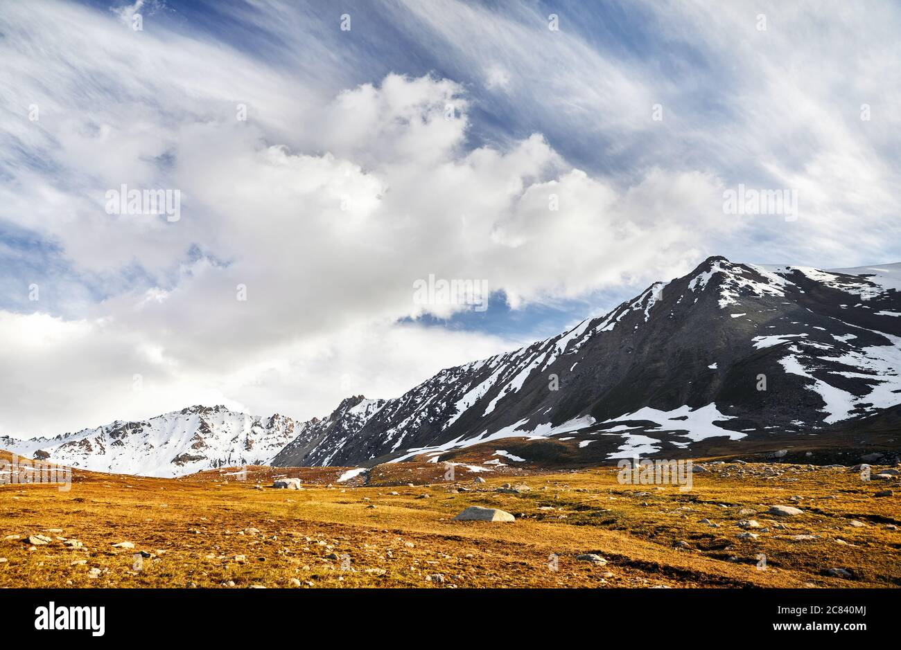 Wunderschöne Landschaft des Bergtals und Almwiese im Vordergrund. Outdoor- und Wanderkonzept Stockfoto