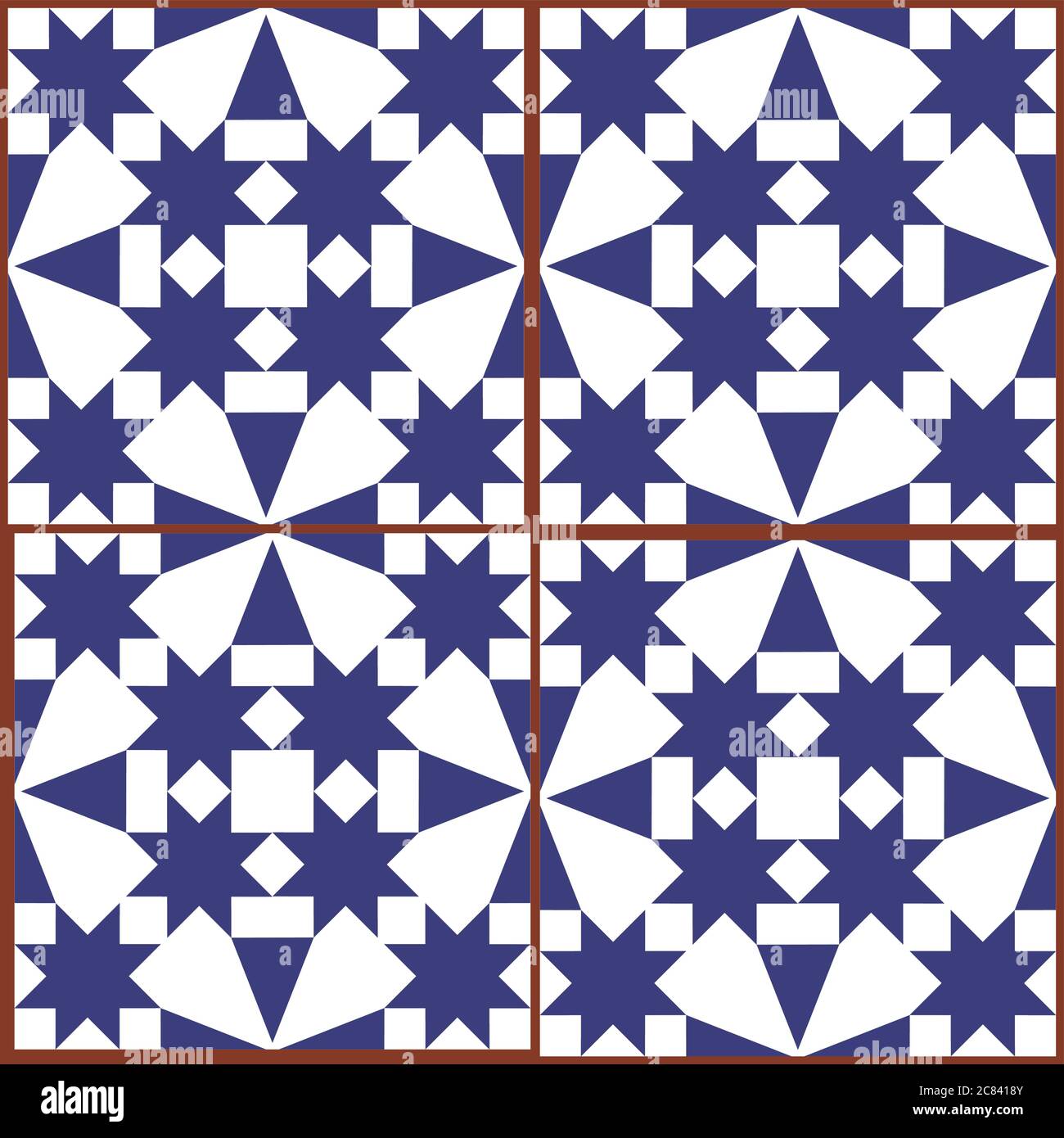 Marokkanische und türkische geoemetische Fliesen nahtlose Vektor-Muster, Indigo Textil-Design mit Sternen und abstrakten Formen Stock Vektor