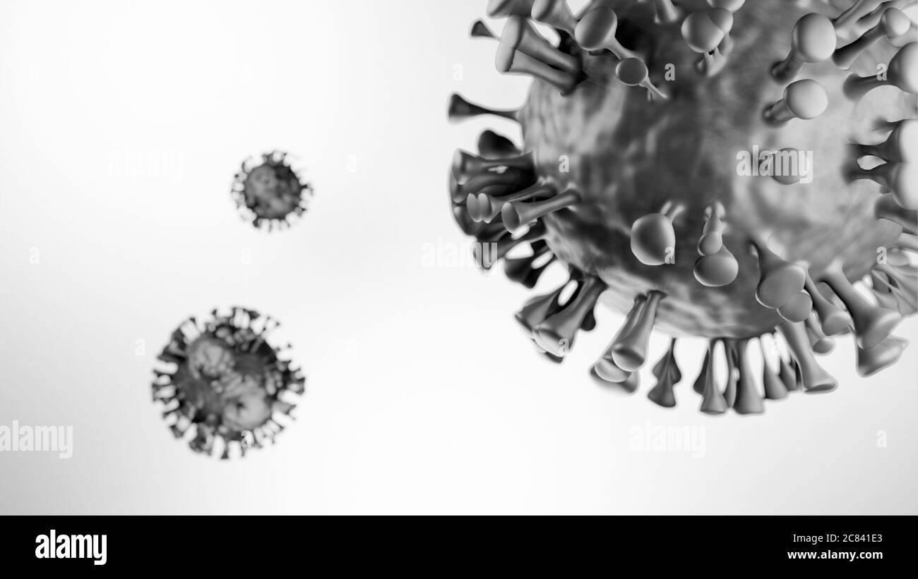 Coronavirus-Zellen Modelldarstellung, Covid-19 Coronavirus Pandemie, 3D Render, konzeptuell, Nahaufnahme, weißer Hintergrund Stockfoto