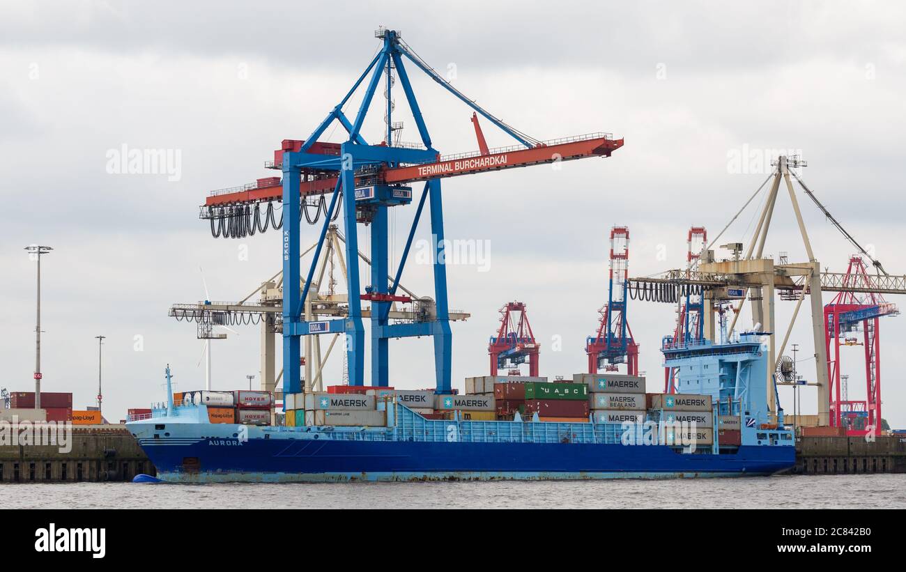 Blaues Containerschiff, das an einem Hafenkran ankern. Am Hamburger Hafen. Symbol für Versand, Wirtschaft, Import & Export. Stockfoto