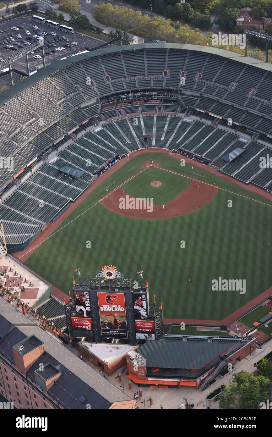 Baltimore, MD, USA. Juli 2020. Die Washington Nationals besuchten die Baltimore Orioles für ihr zweites bis letztes Ausstellungsspiel heute Abend in einem leeren Stadion vor dem Start des Major League Baseball 2020 im Oriole Park in Camden Yards in Baltimore, Maryland am 20. Juli 2020. Kredit: Mpi34/Media Punch/Alamy Live Nachrichten Stockfoto