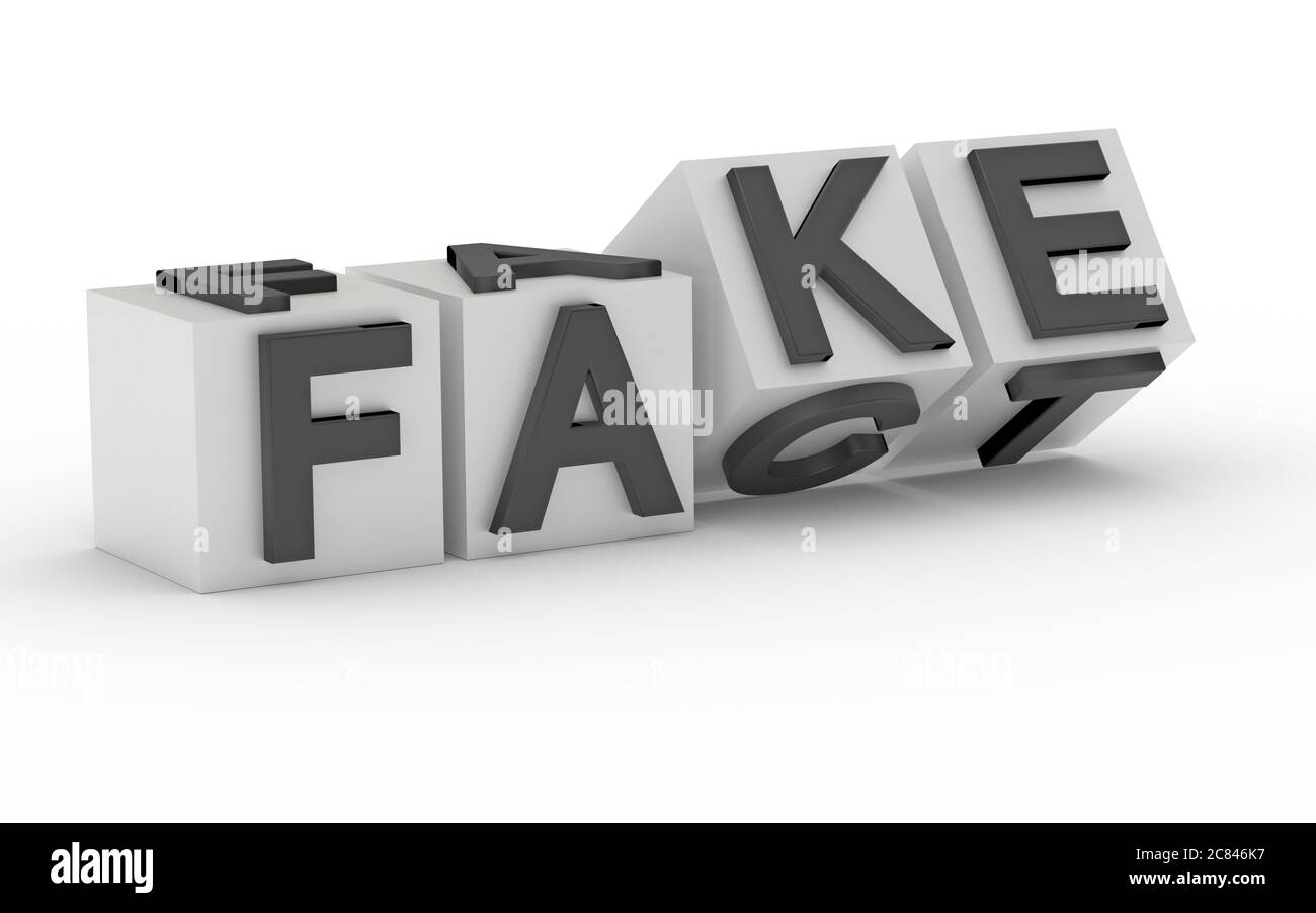 Würfel mit Buchstaben umkehren und die Wörter ändern sich von TATSACHE zu FÄLSCHUNG. 3d-Rendering Stockfoto