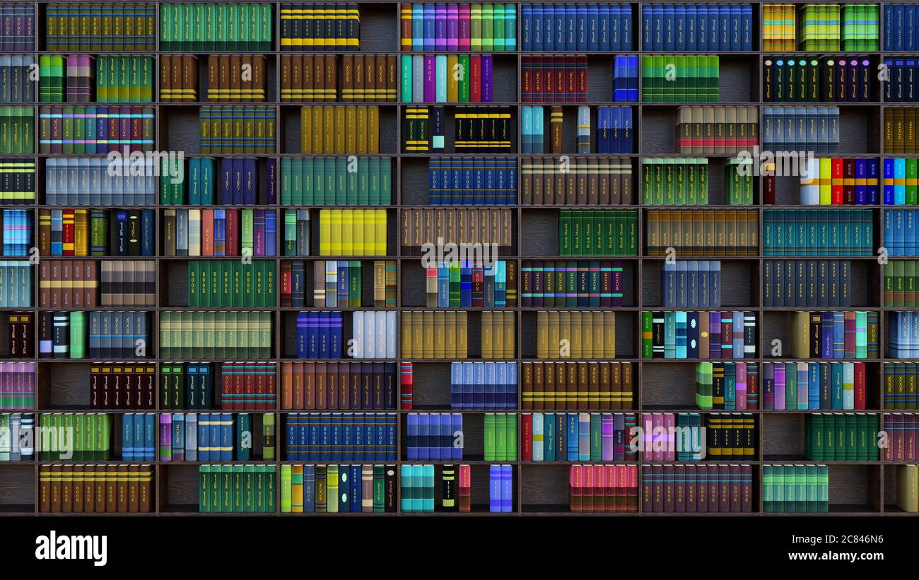 3D-Illustration. Bibliothek im ersten Stock. Zahlreiche Bücher sind in den Regalen einer großen Bibliothek aufgereiht Stockfoto