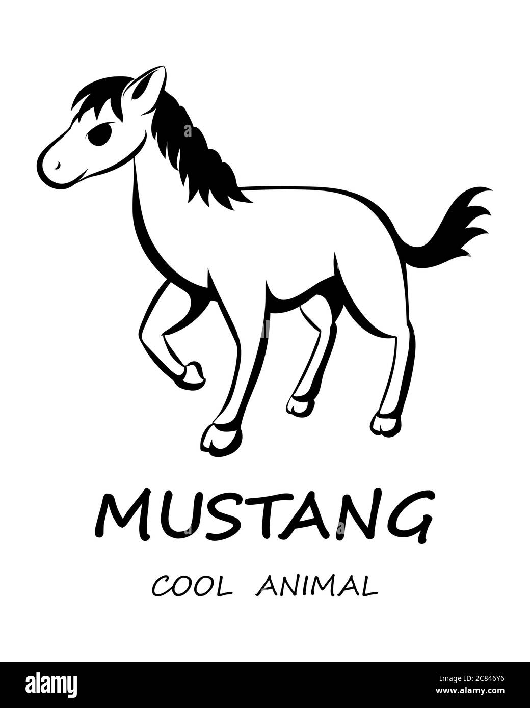 Schwarze Vektorgrafik auf weißem Hintergrund eines Mustang-Pferdes. Stock Vektor