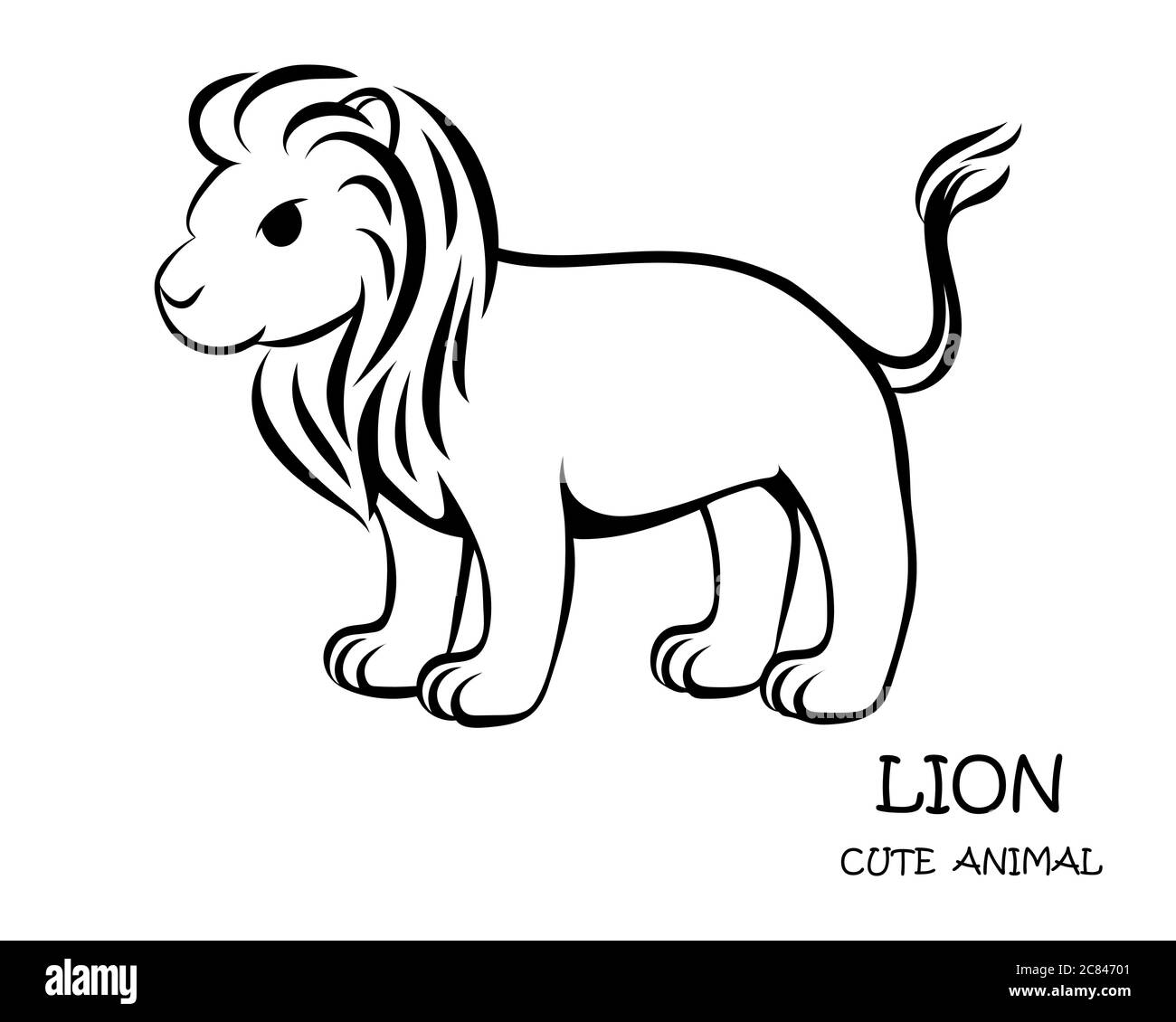 Black Vector Illustration Cartoon auf einem weißen Hintergrund eines niedlichen Löwen. Stock Vektor