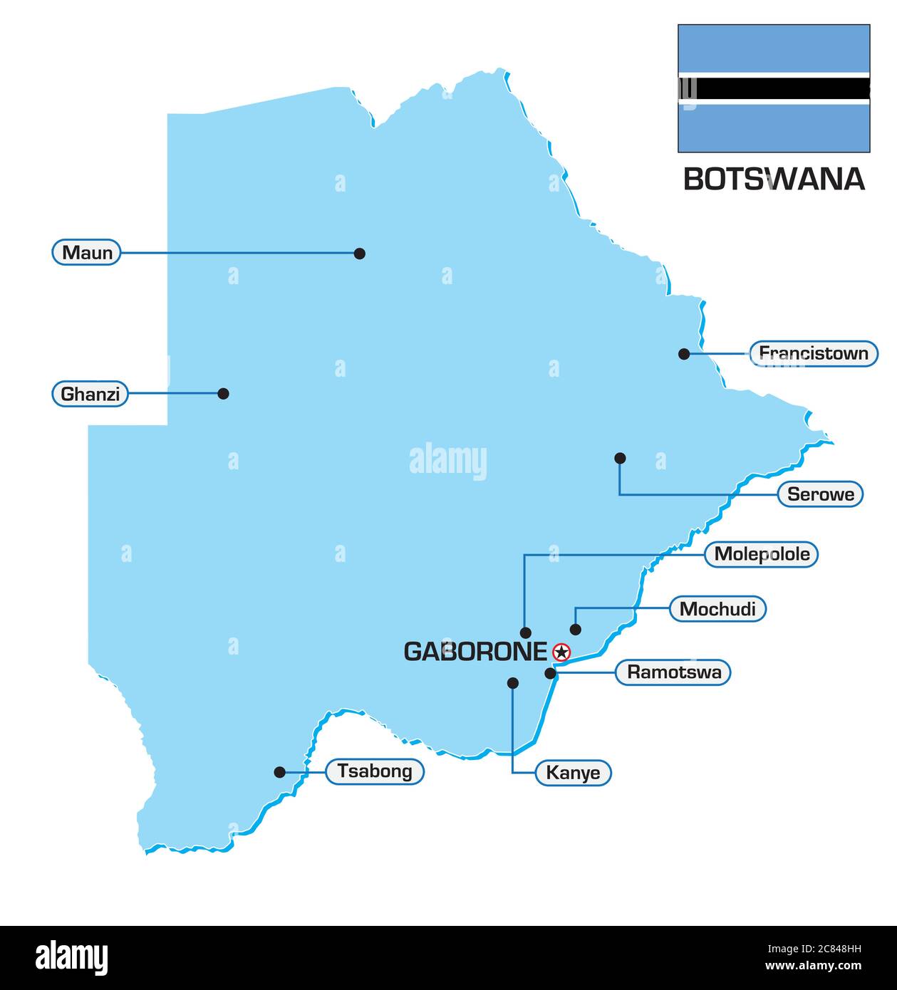 Vektor-Karte von Botswana mit Flagge und wichtigsten Städten Stock Vektor