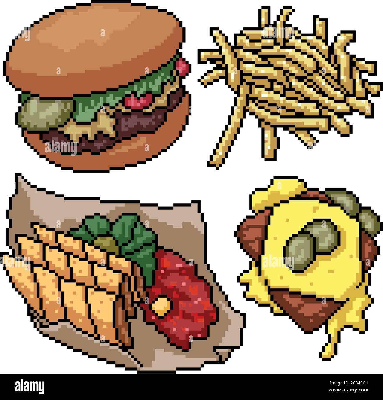 Pixel Art Set isoliert Junk-Food Snack Stock Vektor