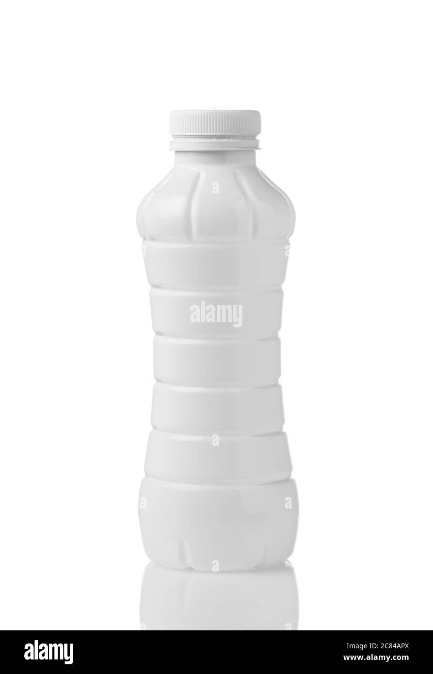 Weiße Plastikflasche mit Kappe isoliert auf weißem Hintergrund Stockfoto