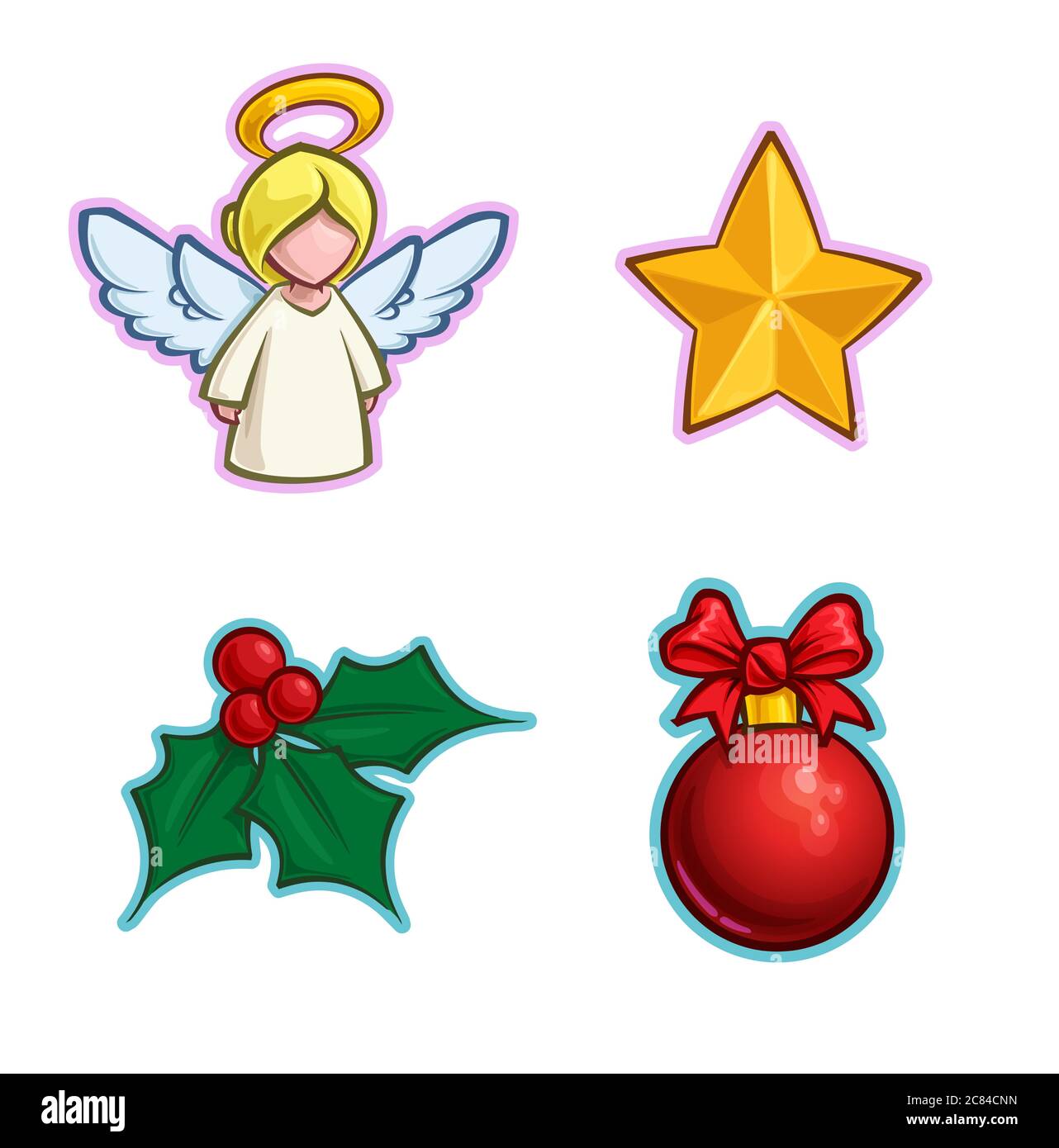 Vektor Cartoon Icon Set aus einem Engel, einem Stern, einem Holly Mistelzweig und einem roten Weihnachtsball. Illustrationen Linien, Farbe, Schatten und Lichter ordentlich in gut Stock Vektor