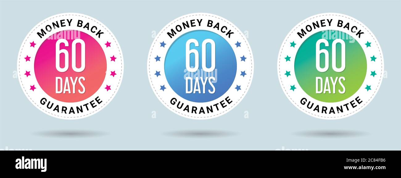 60 Tage Geld-zurück-Garantie Stempel Vektor Illustration. Symbol für Vektorzertifikat. Set mit 3 schönen Farbverläufen. Stock Vektor