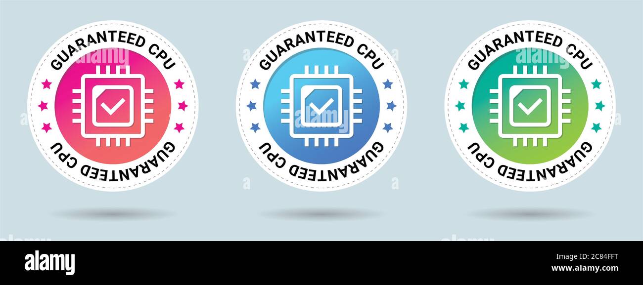 Abbildung mit dem Stempel „Garantierte CPU-Geschwindigkeit“. Symbol für Vektorzertifikat. Set mit 3 schönen Farbverläufen. Vektor-Kombination für Zertifikat. Stock Vektor