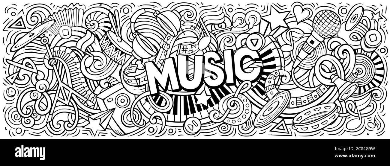 Musik handgezeichnete Cartoon-Kritzeleien Illustration. Farbenfrohes Vektorbanner Stock Vektor