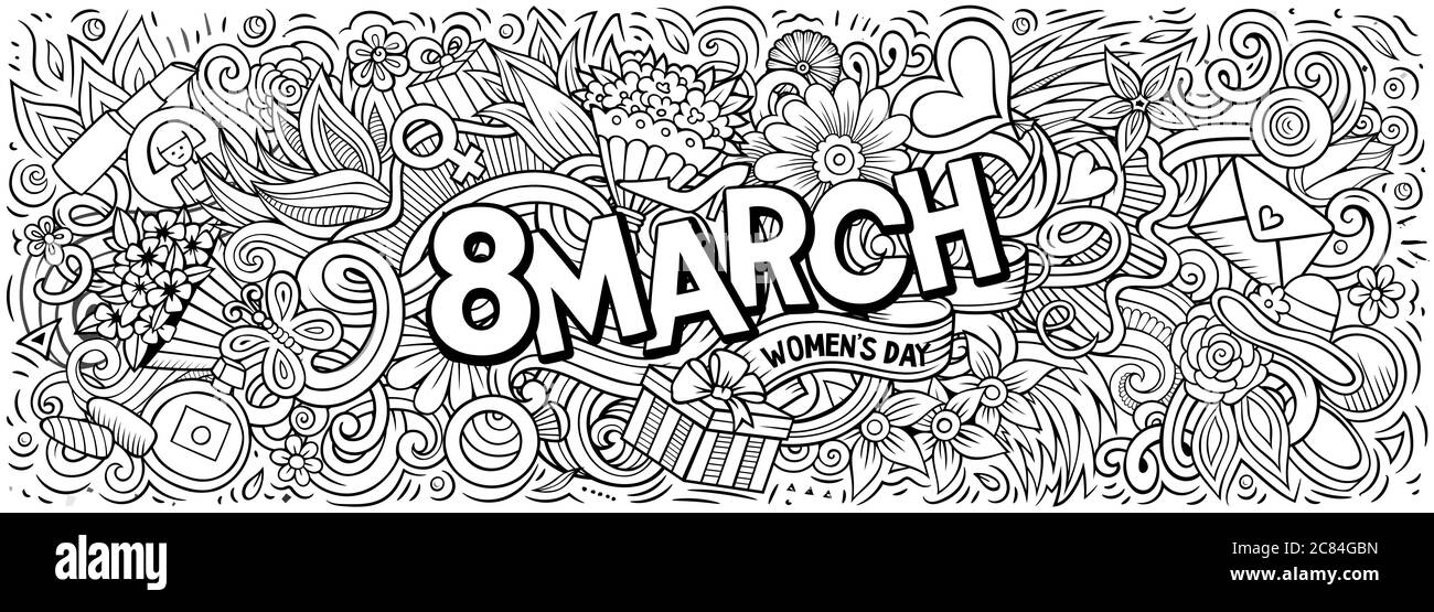 8 März handgezeichnete Cartoon-Kritzeleien Illustration. Farbenfrohes Vektorbanner Stock Vektor