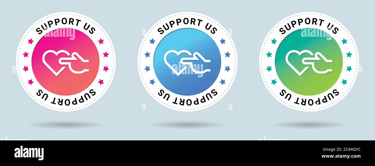 Unterstützen Sie uns Stempel Vektor Illustration. Symbol für Vektorzertifikat. Set mit 3 schönen Farbverläufen. Vektor-Kombination für Zertifikat in flacher Ausführung. Stock Vektor