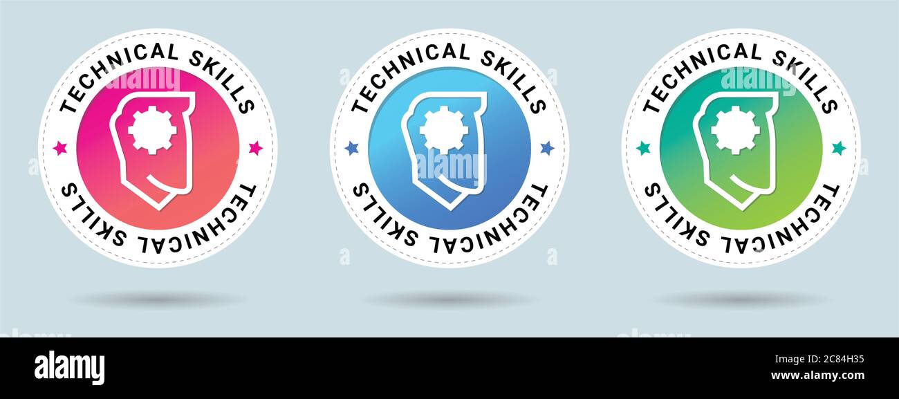 Vektordarstellung für Kompetenzstempel. Symbol für Vektorzertifikat. Set mit 3 schönen Farbverläufen. Vektor-Kombination für Zertifikat in flacher Ausführung. Stock Vektor