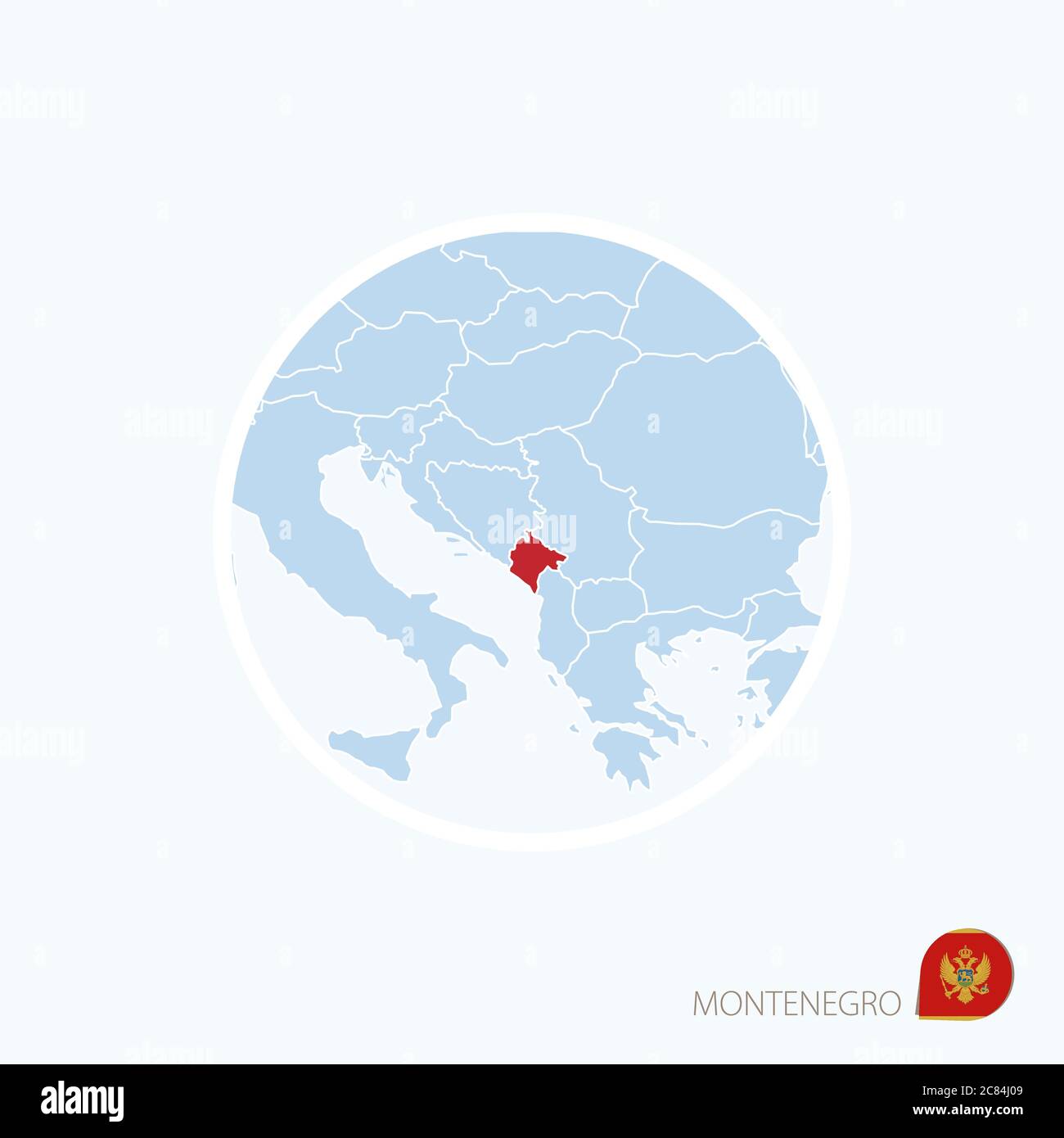 Karte Symbol von Montenegro. Blaue Karte von Europa mit Montenegro in roter Farbe hervorgehoben. Vektorgrafik. Stock Vektor