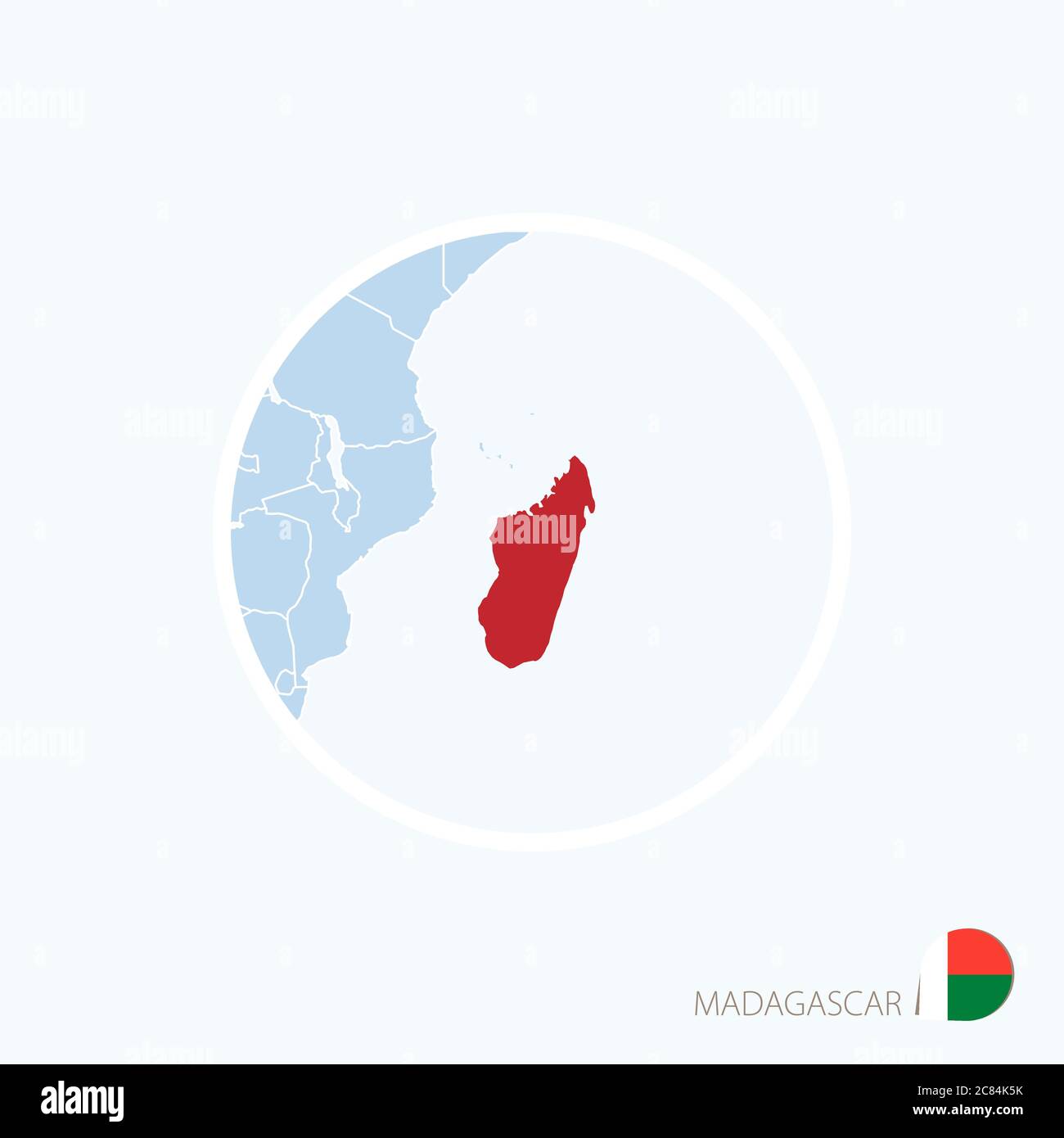 Kartensymbol von Madagaskar. Blaue Karte von Afrika mit Madagaskar in roter Farbe hervorgehoben. Vektorgrafik. Stock Vektor