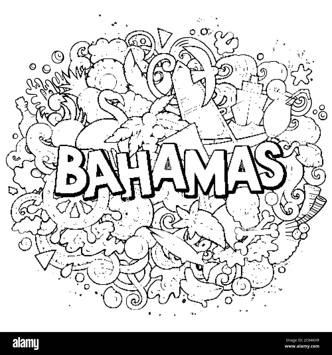 Bahamas handgezeichnete Cartoon-Kritzeleien Illustration. Witziges Reisedesign. Stock Vektor