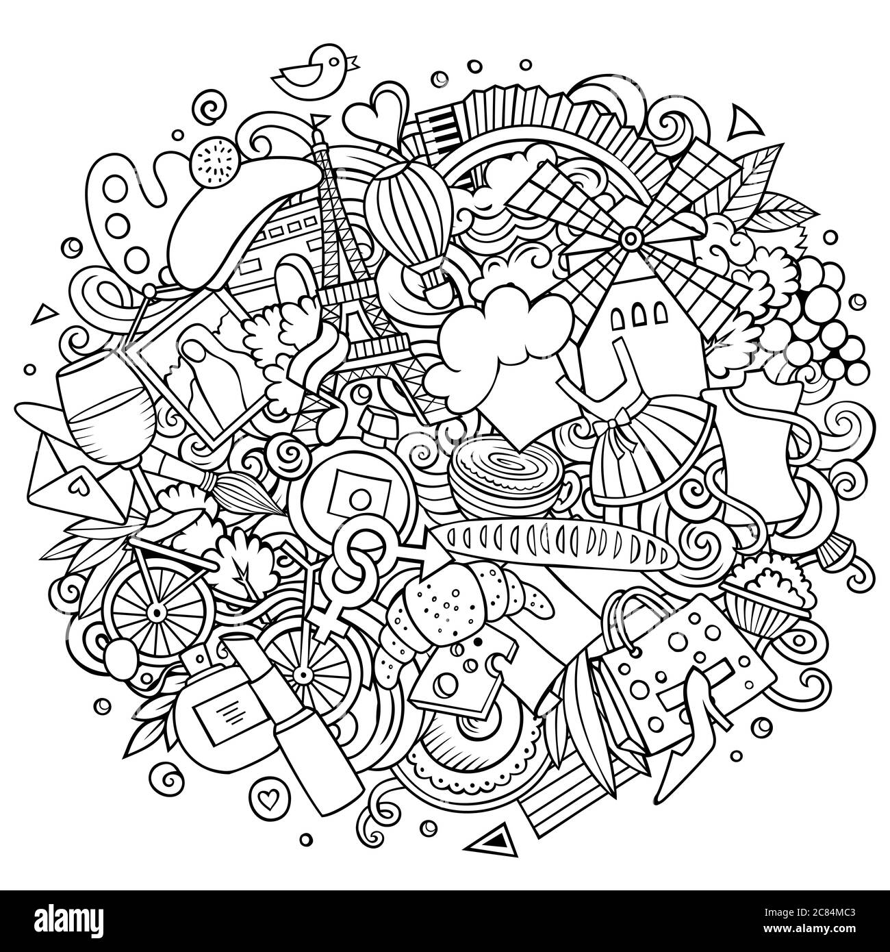 Frankreich handgezeichnete Cartoon-Kritzeleien Illustration. Witziges Reisedesign. Stock Vektor