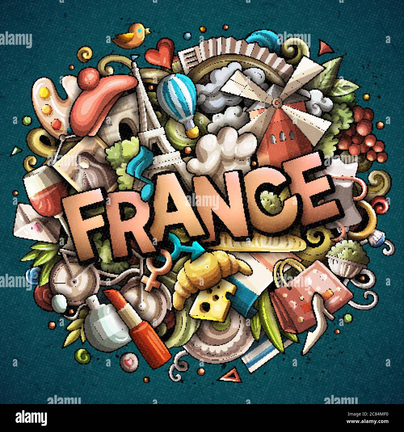 Frankreich handgezeichnete Cartoon-Kritzeleien Illustration. Witziges Reisedesign. Stock Vektor