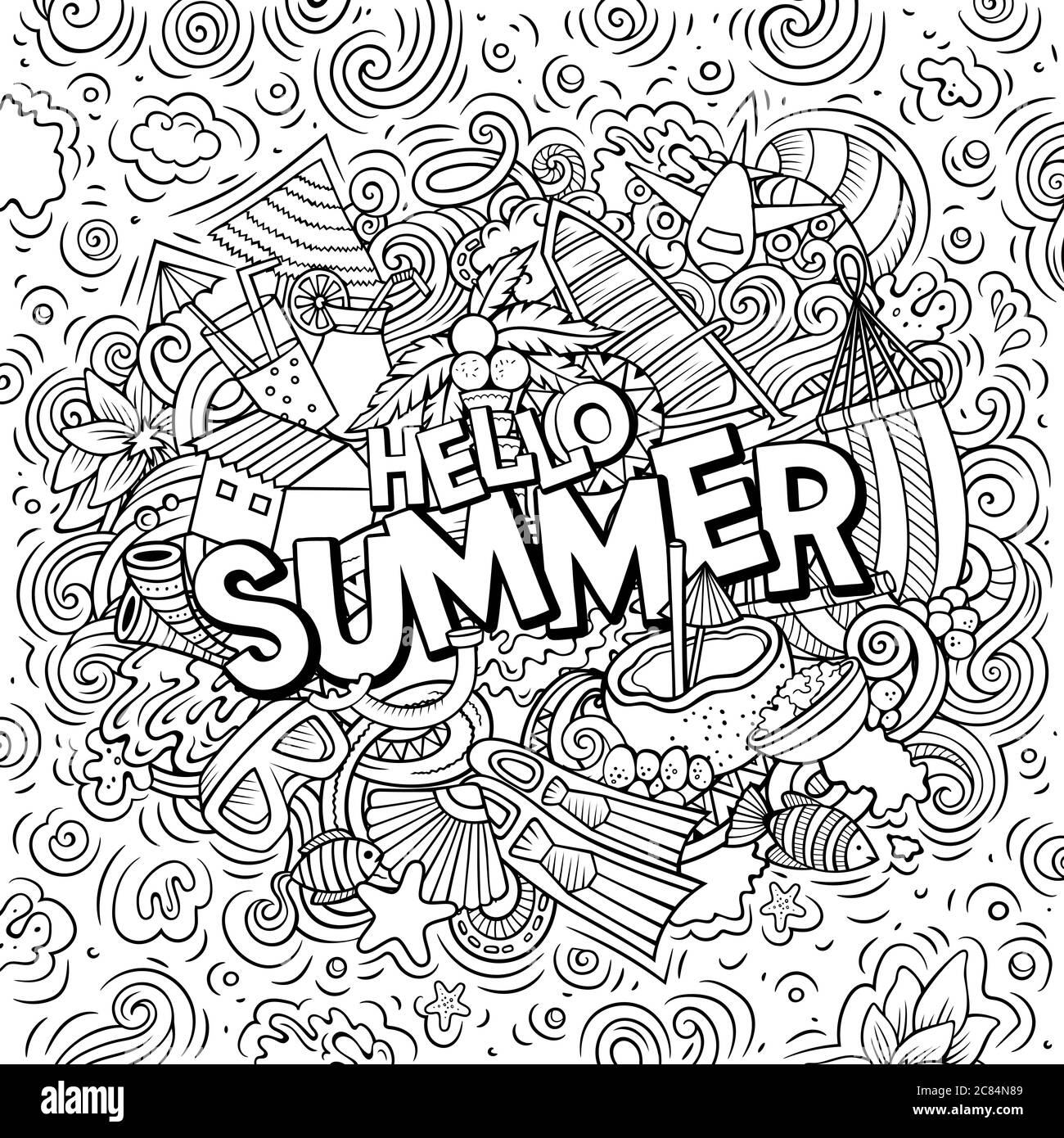 Hallo Sommer handgezeichnete Cartoon-Kritzeleien Illustration. Witziges Saisondesign. Stock Vektor