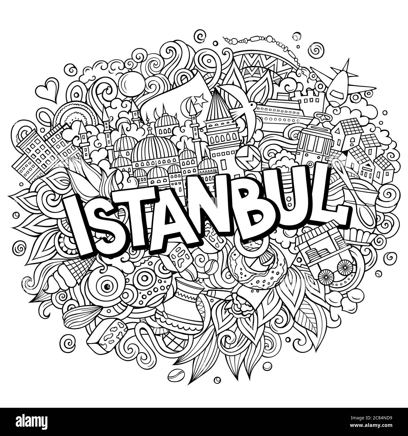 Istanbul handgezeichnete Cartoon-Kritzeleien Illustration. Witziges Reisedesign. Stock Vektor