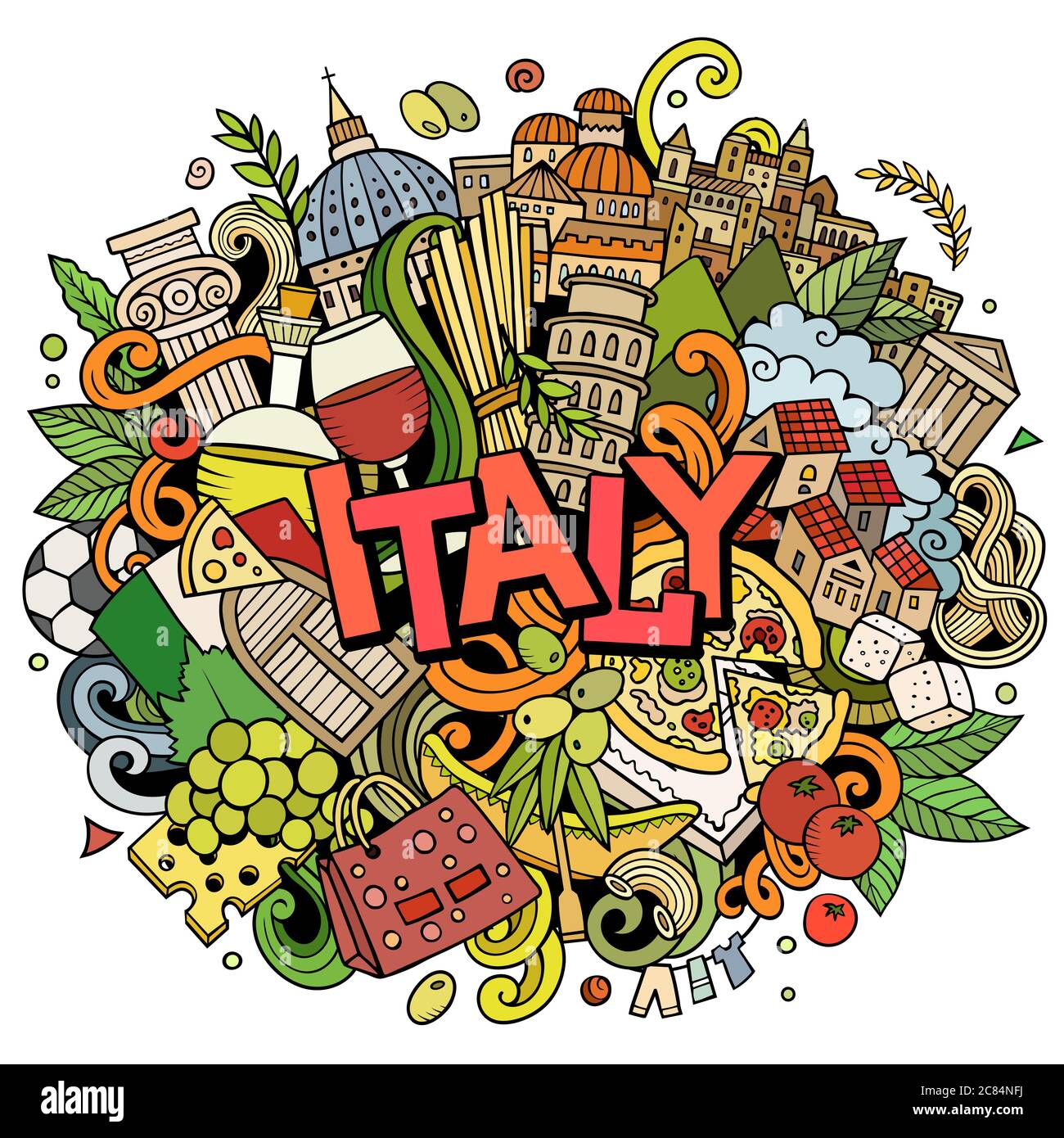Italien handgezeichnete Cartoon-Kritzeleien Illustration. Witziges Reisedesign. Stock Vektor