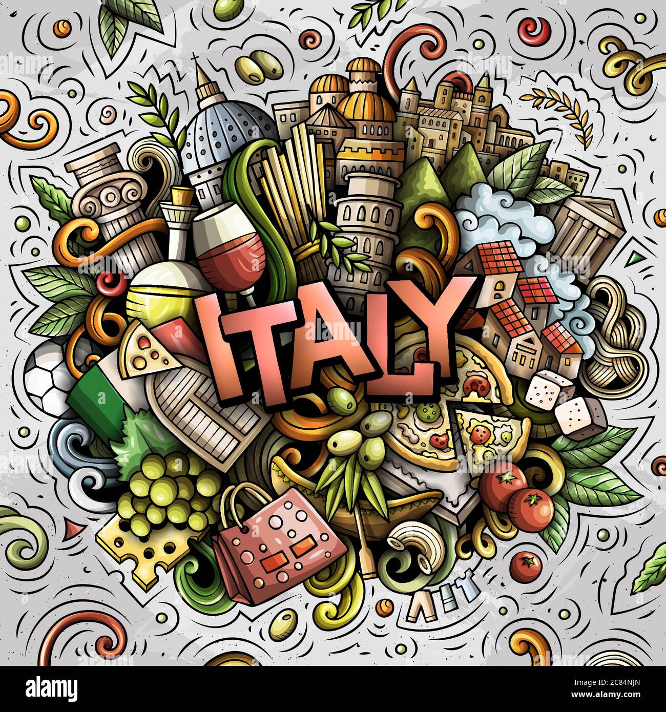 Italien handgezeichnete Cartoon-Kritzeleien Illustration. Witziges Reisedesign. Stock Vektor