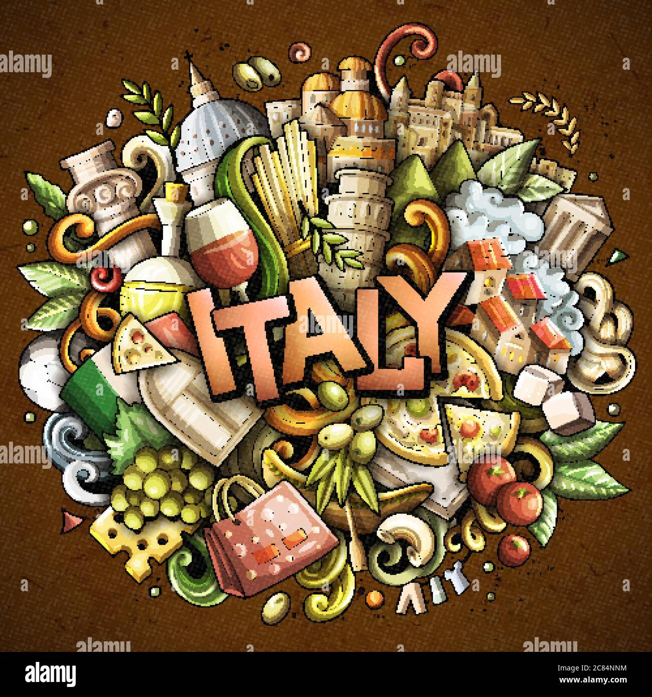 Italien handgezeichnete Cartoon-Kritzeleien Illustration. Witziges Reisedesign. Stock Vektor