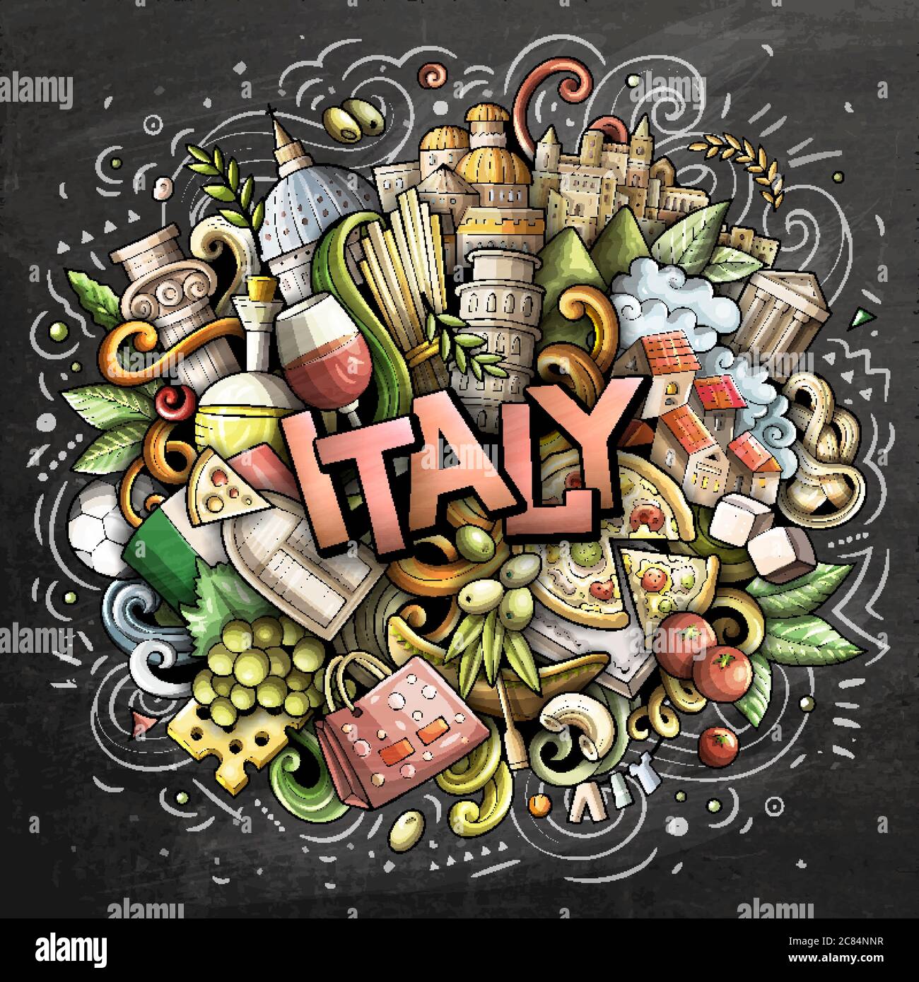 Italien handgezeichnete Cartoon-Kritzeleien Illustration. Witziges Reisedesign. Stock Vektor