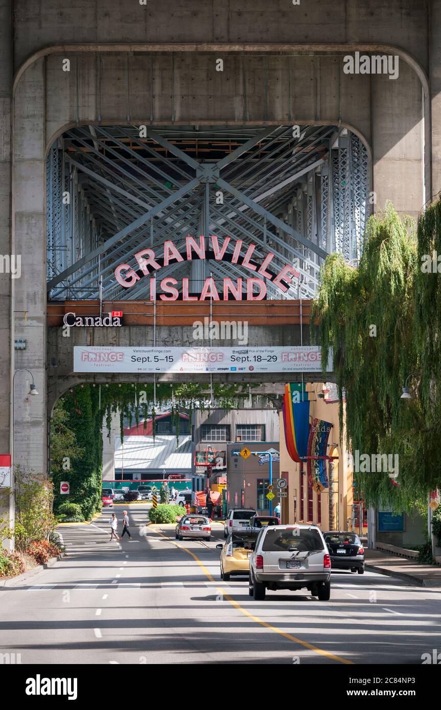 Granville Bridge, Granville Island, Vancouver, British Columbia, Kanada. Stockfoto