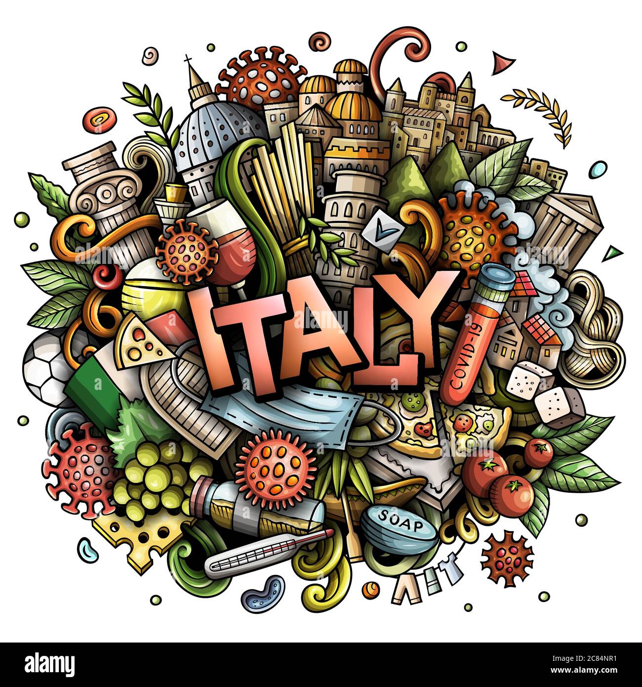 Italien handgezeichnete Cartoon-Kritzeleien Illustration. Coronavirus Cartoon-Design. Stock Vektor