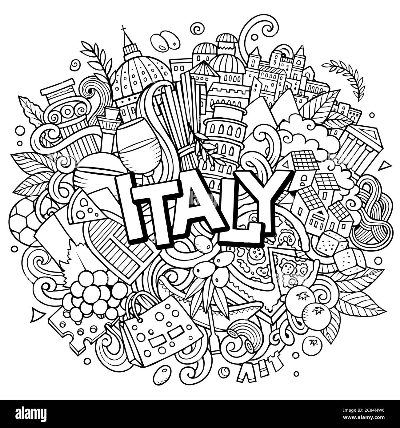 Italien handgezeichnete Cartoon-Kritzeleien Illustration. Witziges Reisedesign. Stock Vektor