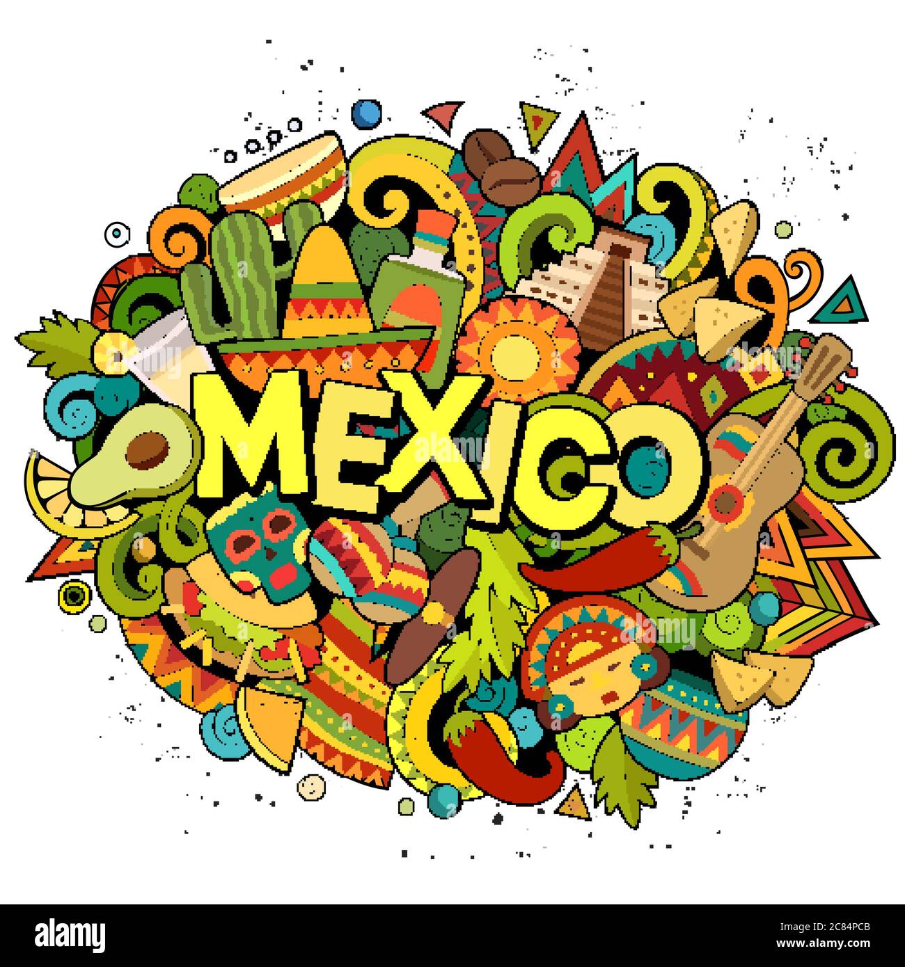 Mexiko handgezeichnete Cartoon-Kritzeleien Illustration. Witziges Design. Stock Vektor