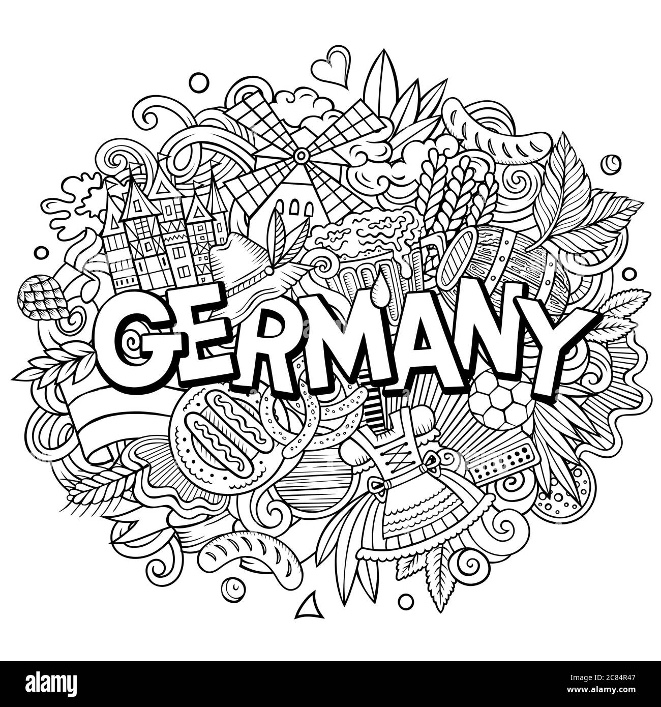 Deutschland handgezeichnete Cartoon-Kritzeleien Illustration. Witziges Reisedesign. Stock Vektor