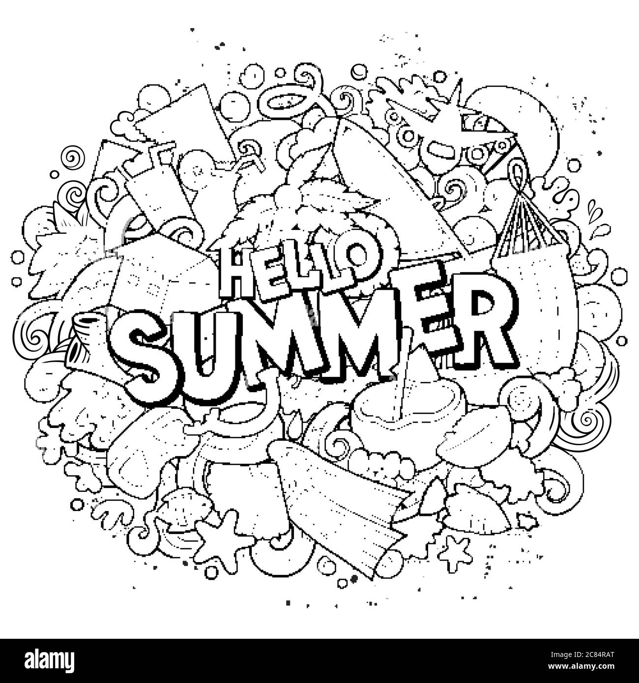 Hallo Sommer handgezeichnete Cartoon-Kritzeleien Illustration. Witziges Saisondesign. Stock Vektor